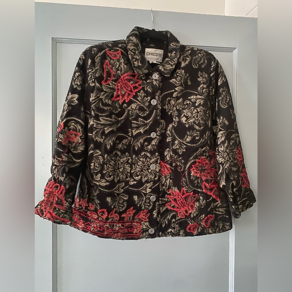 Chico's Black Jacket with Red Flowers &  Cream Pattern, Beaded, Size 2